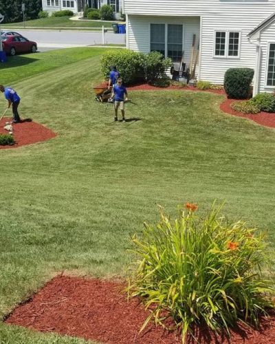landscaping professionals in blue shirts working on landscaping outside of white home